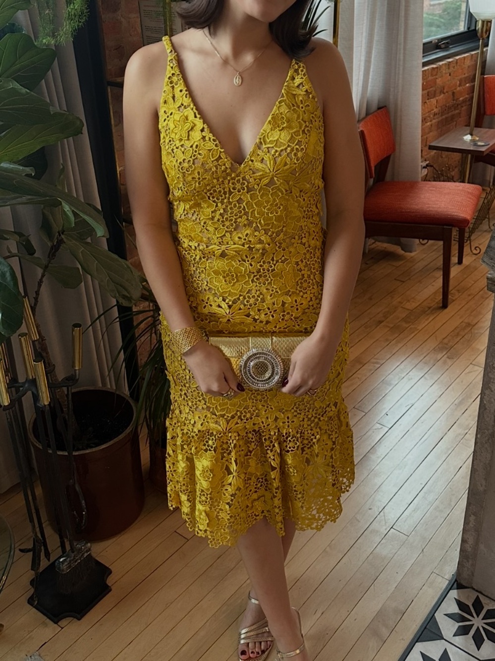 Dress the Population Yellow Lace V-Neck Midi Dress